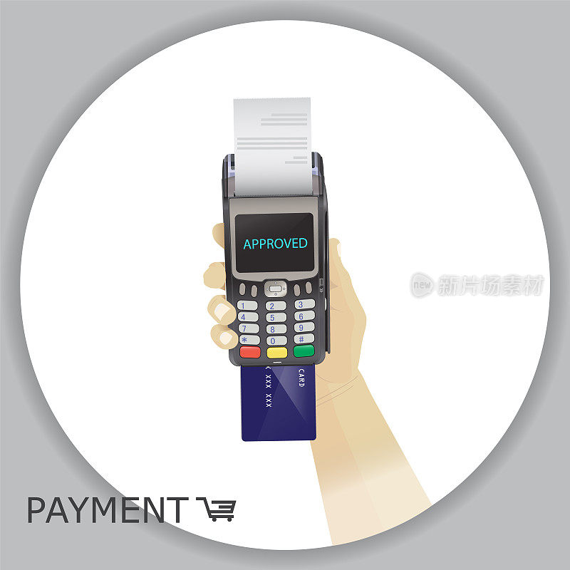 具有显示和pin pad的非接触式支付交易终端。无线支付。MSR, EMV, NFC，插入pos终端的手持信用卡。向量。